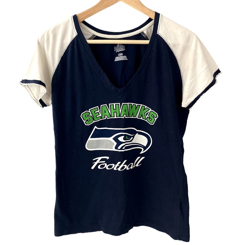 Seattle Seahawks V Neck Raglan Short Sleeve Tee - Blue White Green - Large